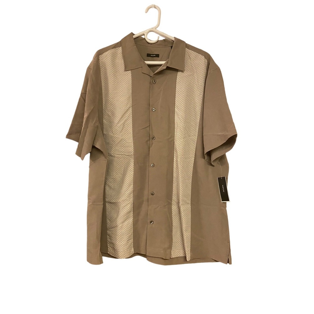NWT- Alfani Short Sleeve Button Up‎ Shirt Men's XXL Taupe With White